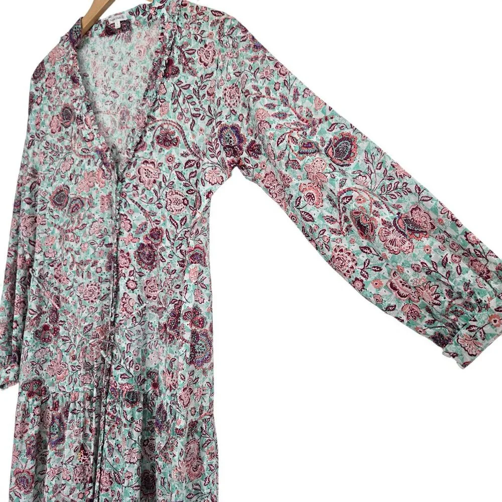 Poupette St Barth Eyelet Prairie Maxi Dress Women Floral Button Up Ruffles XL